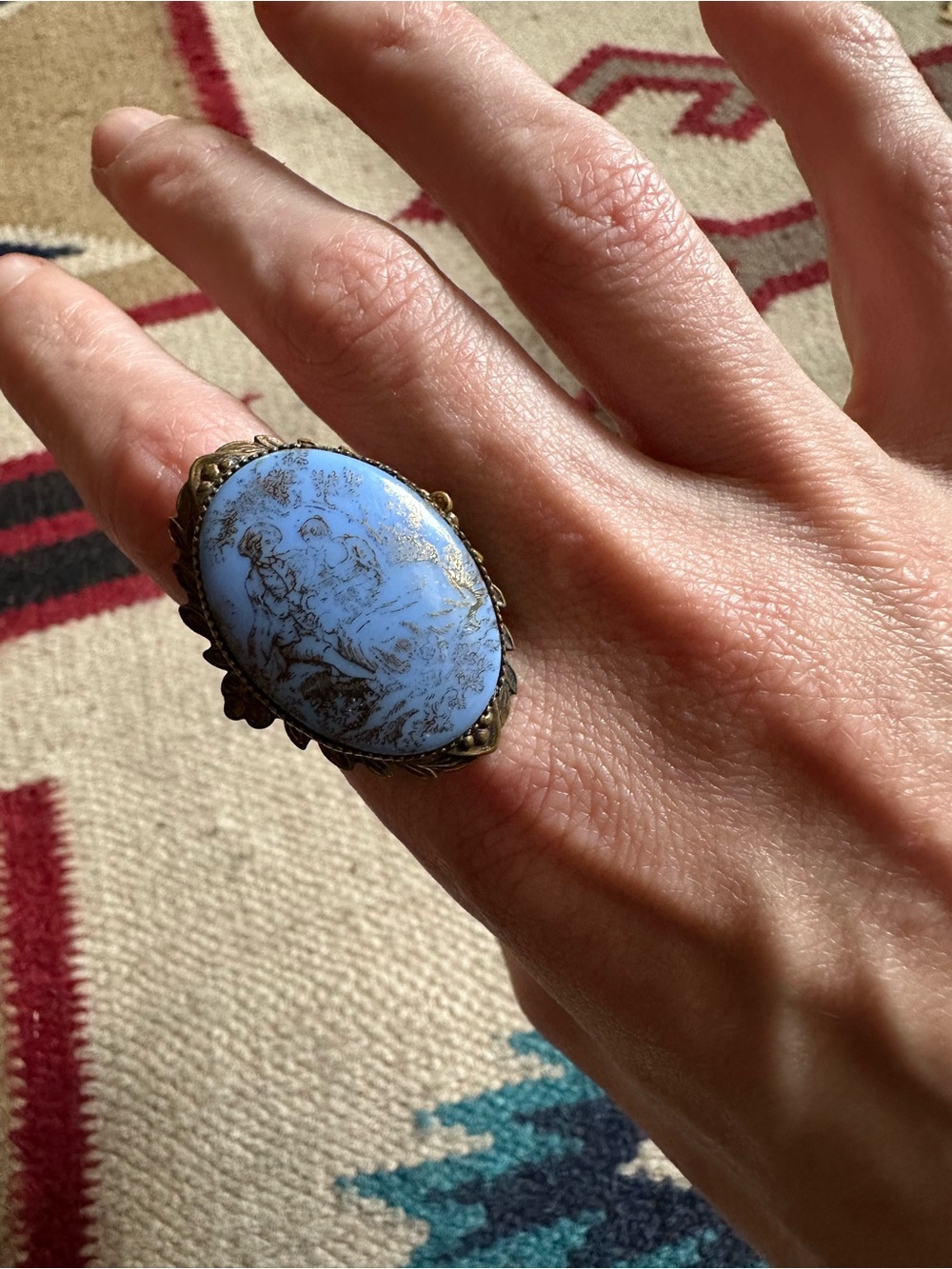 Vintage Painted Cameo Courting Scene Adjustable Ring 1940s
